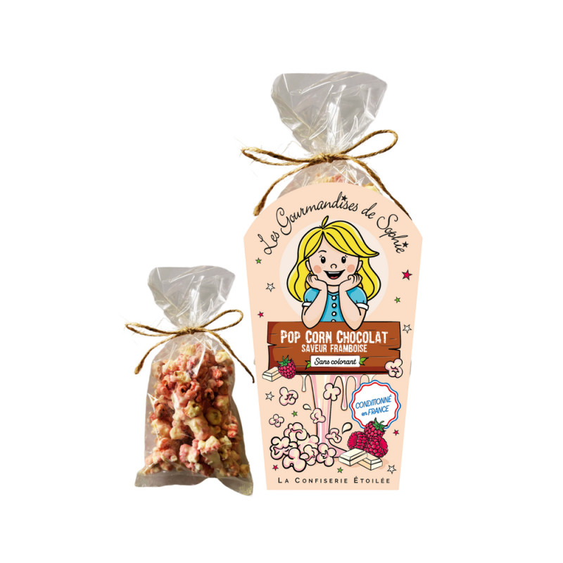 Sachet de popcorn au chocolat blanc, saveur frambo