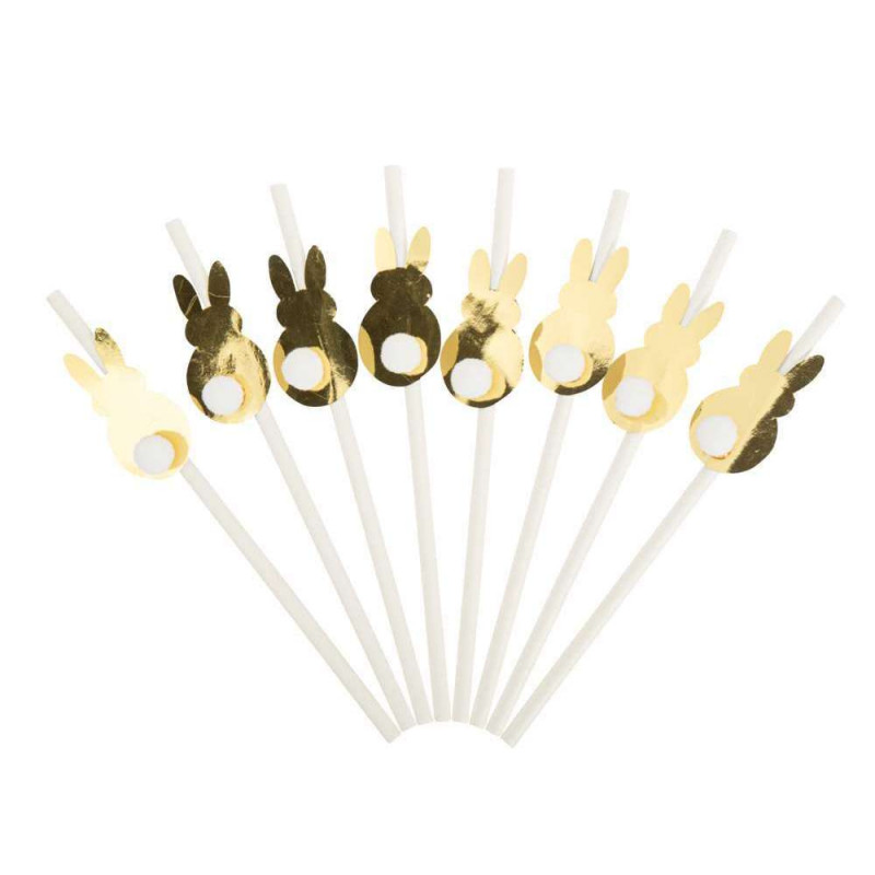 8 pailles lapin à pompons blanches