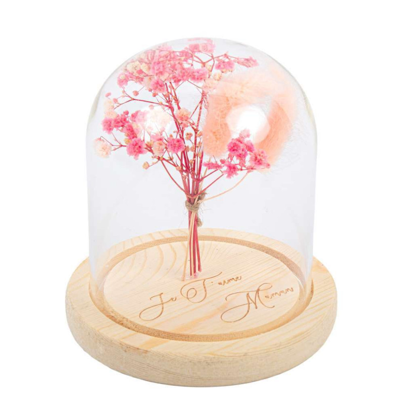 Cloche en verre fleurs séchées roses Je t'aime Mam