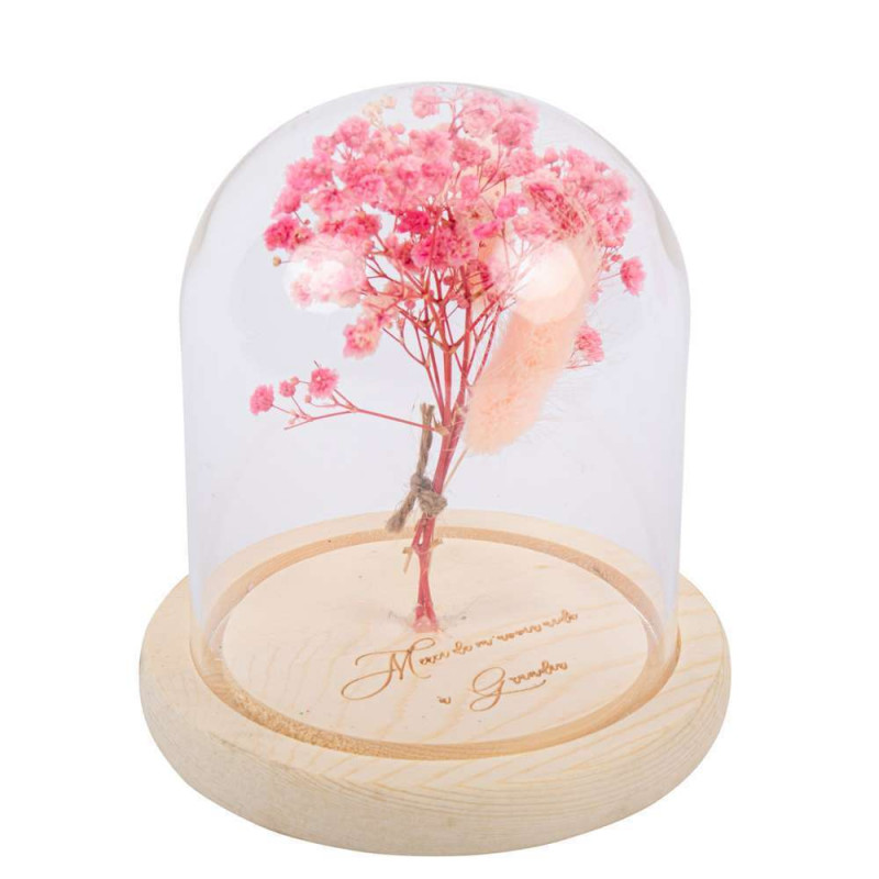 Cloche en verre Fleurs séchées roses Merci de m'av