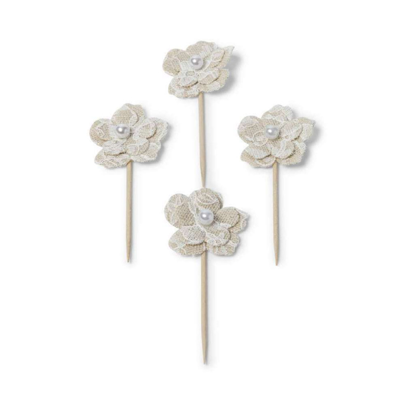 4 fleurs en lin et dentelle 3cm