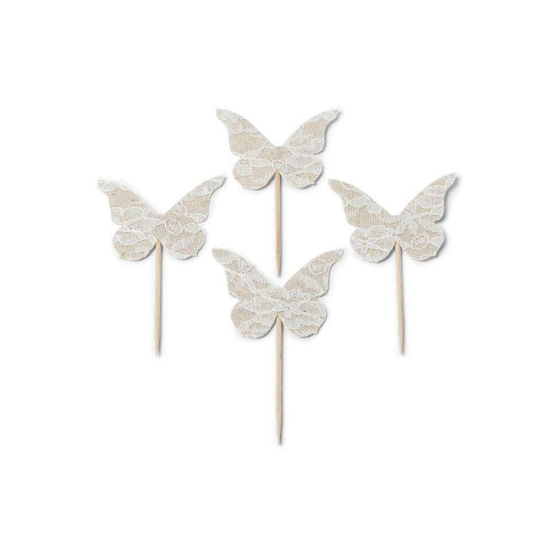4 papillons de 5cm sur pic de 6,5cm en lin ficelle