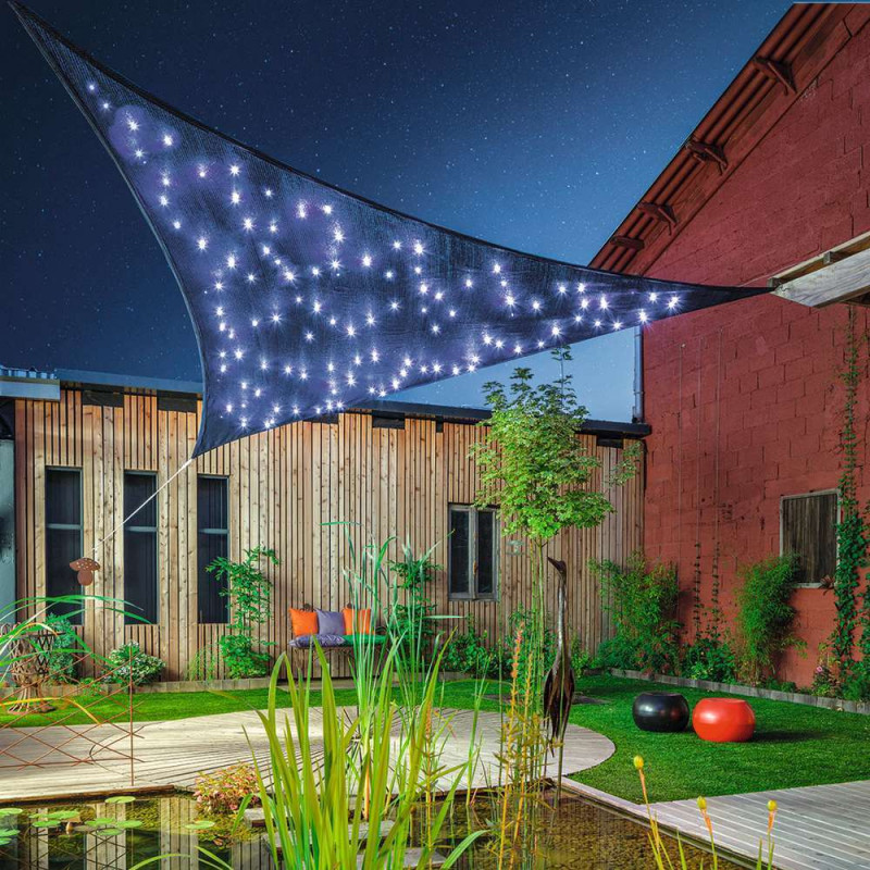 Voile d'ombrage triangulaire avec LED solaires gri