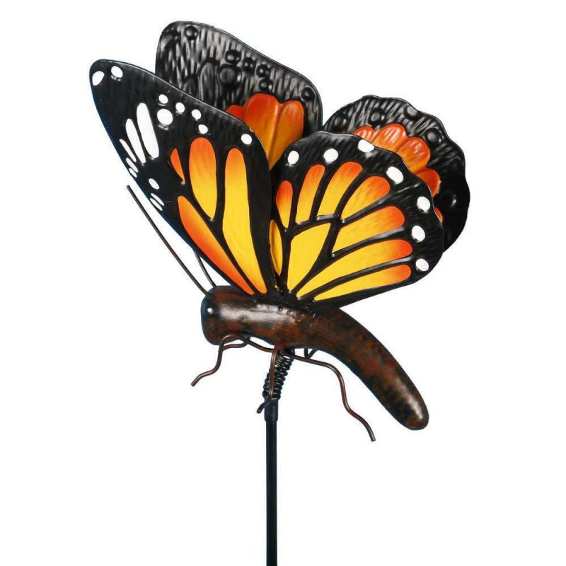 Statue en métal- Papillon orange sur pic - H. 102c