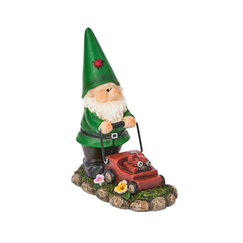 Figurine à poser : nain de jardin avec tondeuse -