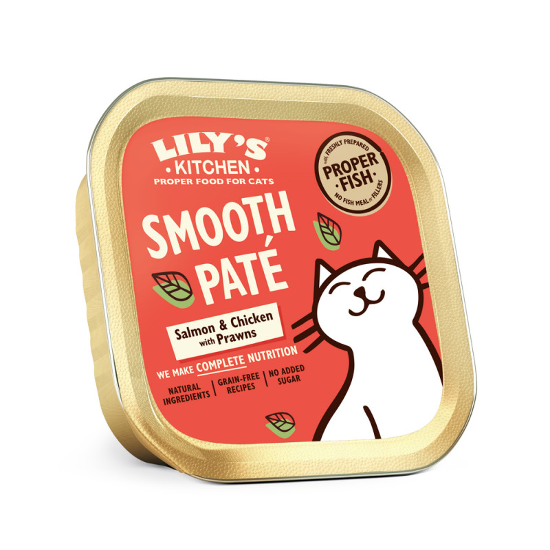 Pâtée au saumon, au poulet avec des crevettes pour