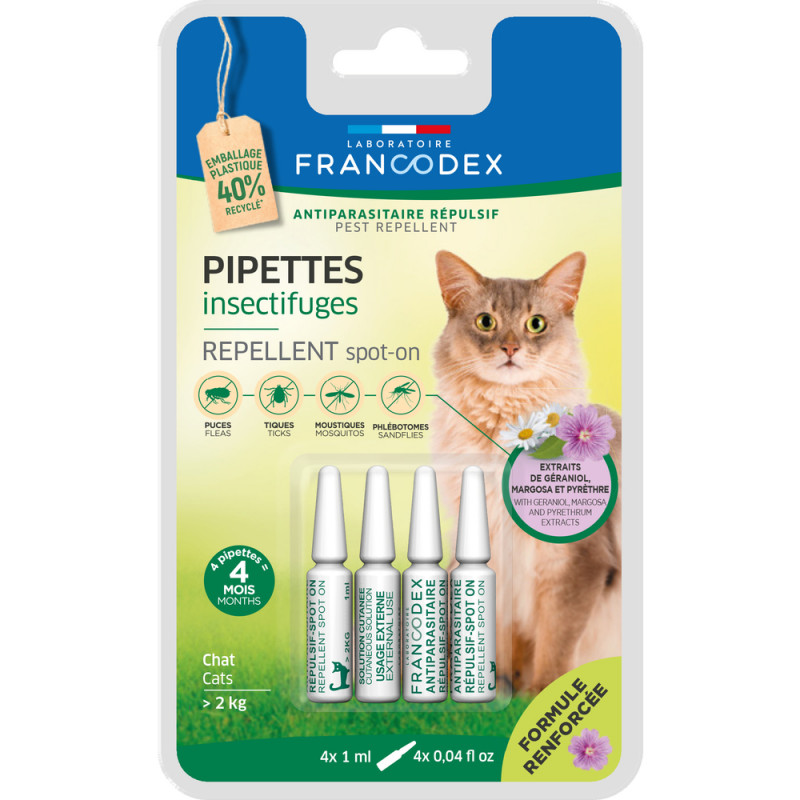 4 pipettes insectifuges pour chats plus de 2 kg fo