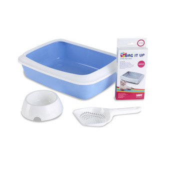 Kit Iriz bleu doux pour chat : bac à litière,gamel