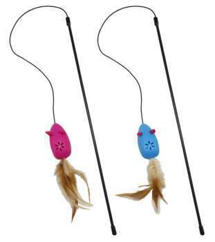 Canne souris grelot et plumes à chat