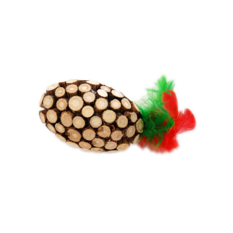 Jouet pour chat ovale en bois avec plumes
