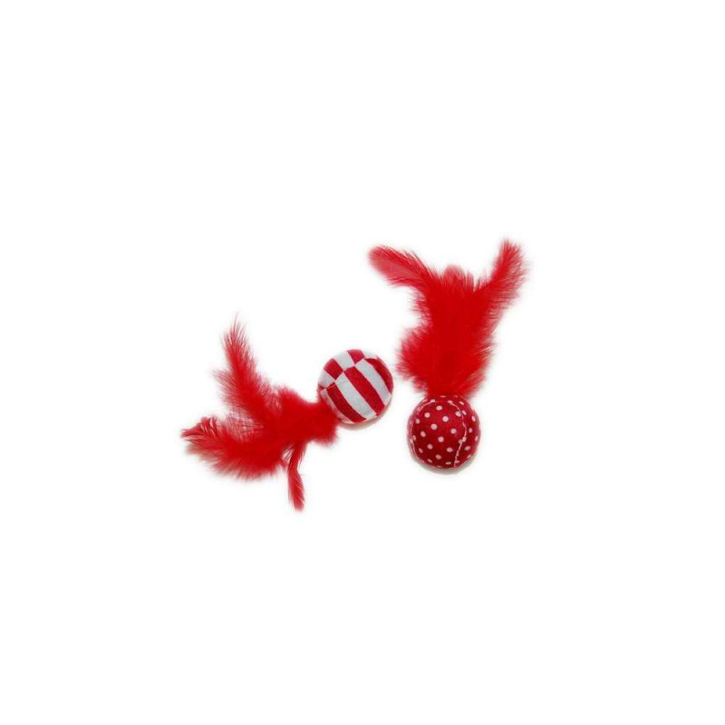 Jouet balle rouge avec plumes pour chat