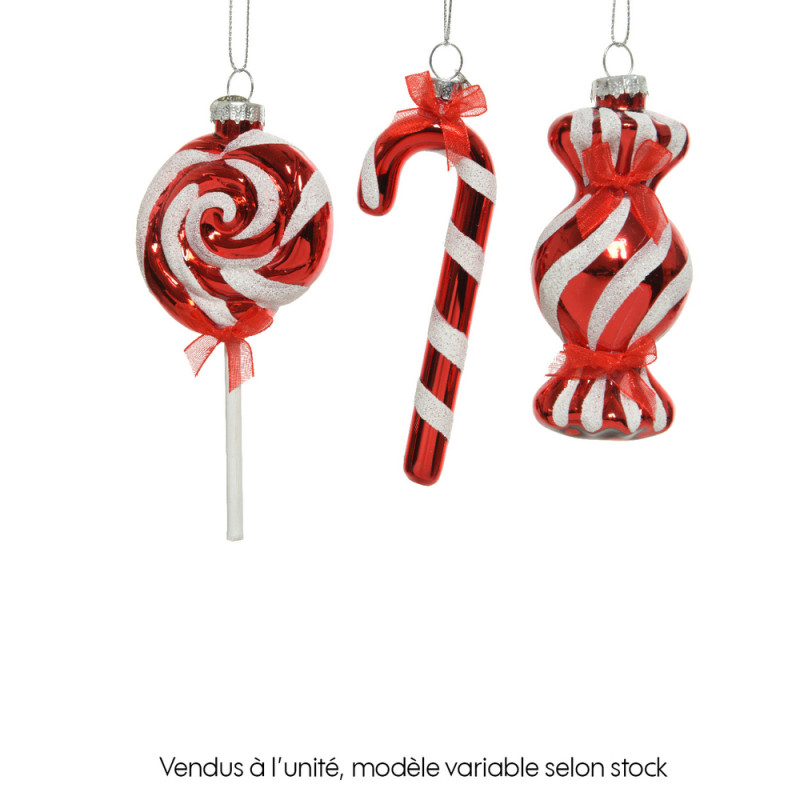 Suspension de Noël en verre : sucrerie, coloris ro