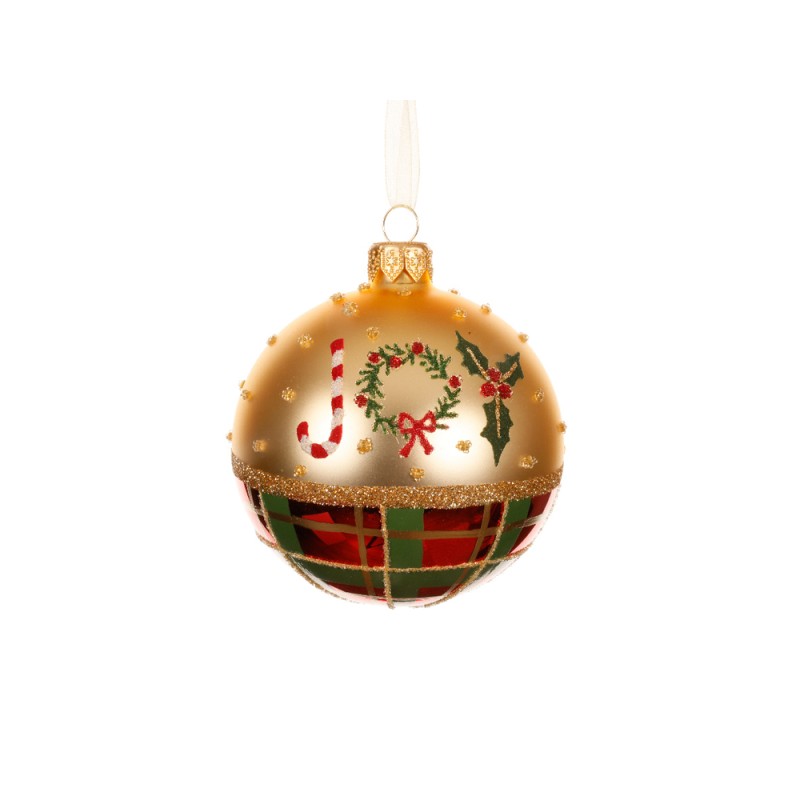 Boule de Noël en verre : motif écossais 'Joy', col