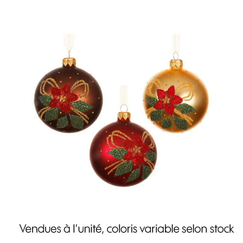 Boule de Noël en verre : motif poinsettia, coloris