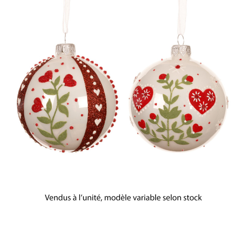 Boule de Noël en verre : motif fleurs, coloris bla