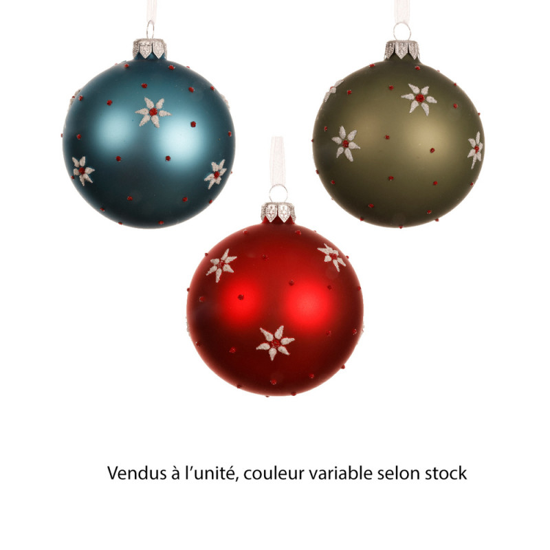 Boule de Noël en verre : motif fleurs, coloris var