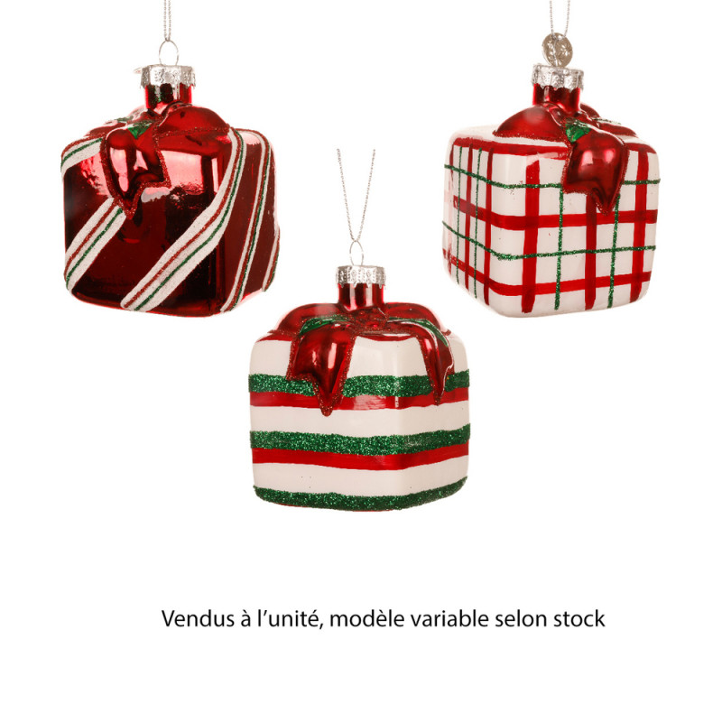 Suspension de Noël en verre : boîte cadeau, modèle