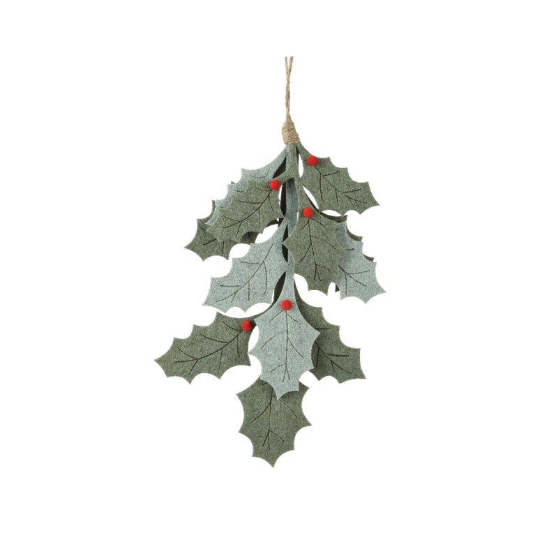 Suspension de Noël : branche houx, coloris vert/ro
