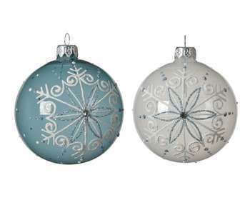 Boule en verre flocons blanc/bleu Ø8 cm