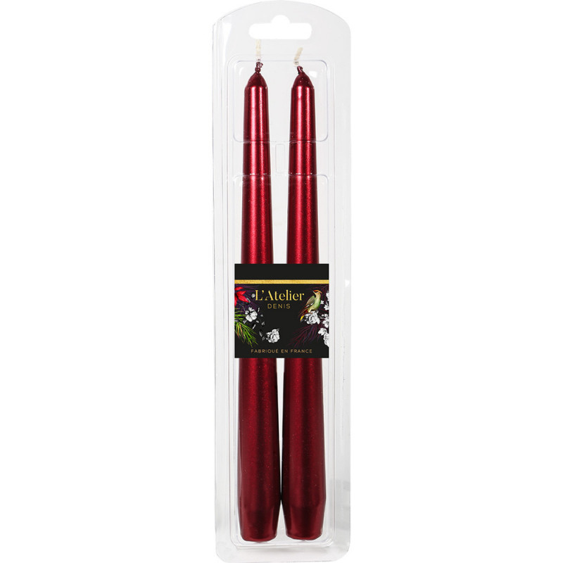 Lot de 2 bougies flambeaux, coloris rouge métallis
