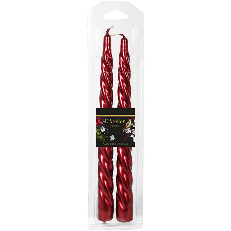 Lot de 2 bougies torsadées, coloris rouge - H. 25c