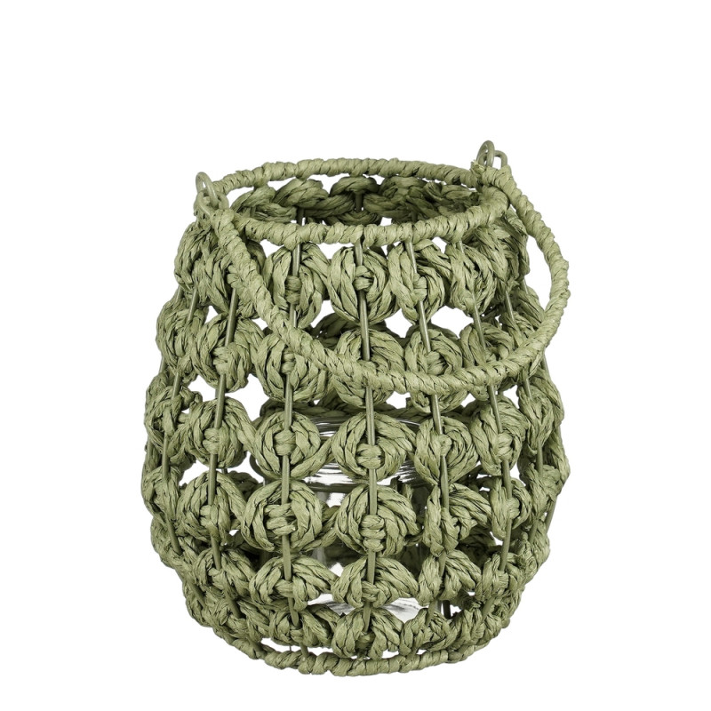 Lanterne Yodi en osier, coloris vert - H. 18xD. 18