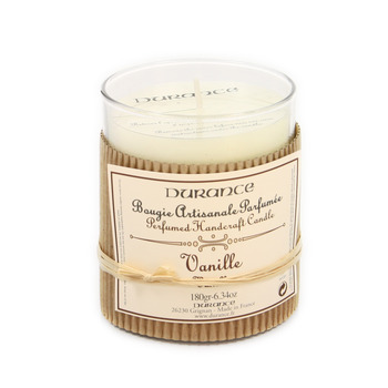 Bougie parfumée:verre/raphia 180g vanille