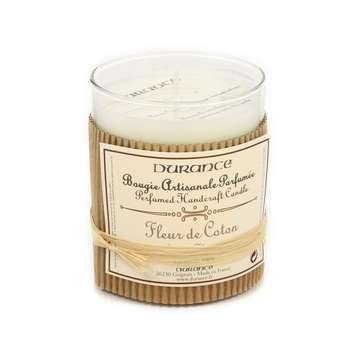 Bougie parfumée:verre/raphia 180g fleur coton