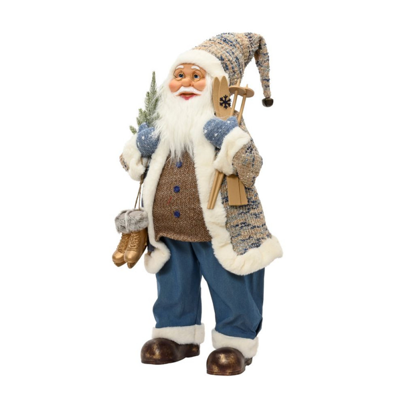 Père Noël au ski, coloris blanc/bleu - H. 60cm