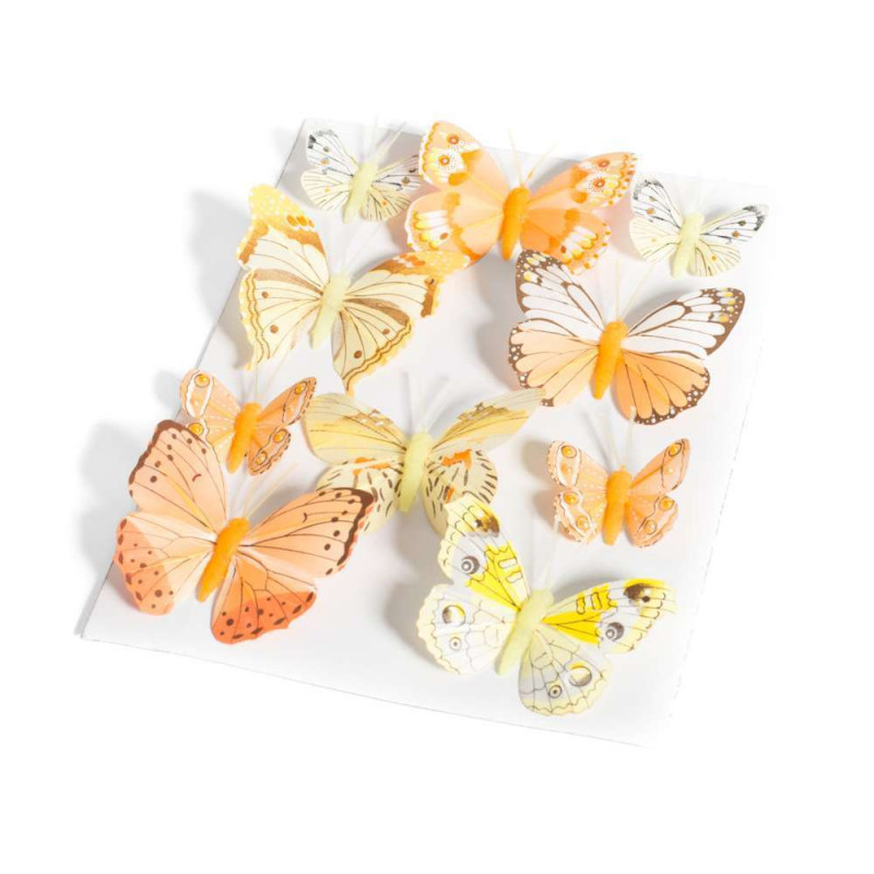 10 papillons sur tige jaune et orange