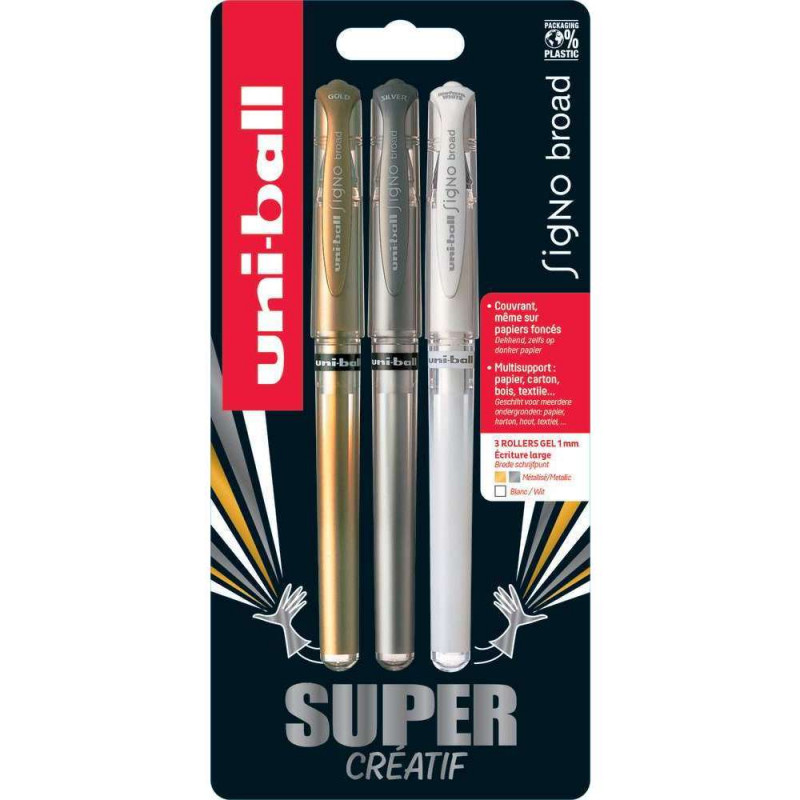 3 stylos gel broad Signo Or, argent et blanc - Poi