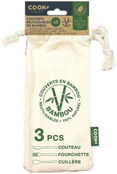 Set de 3 couverts en bambou avec pochette en tissu