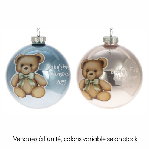Boule ours 1er Noël en verre, coloris mixte - D. 8
