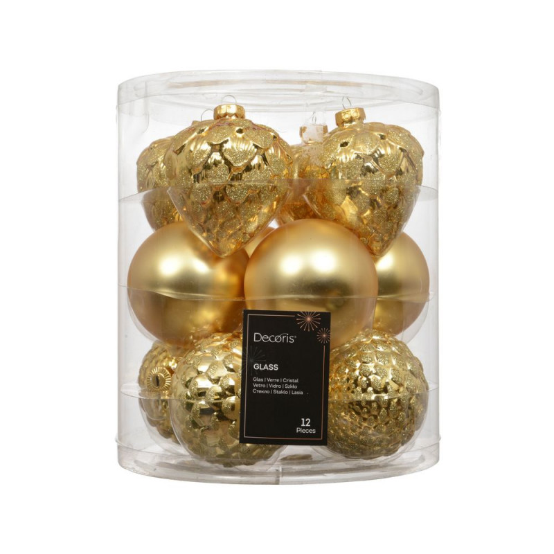 Assortiment 12 boules de Noël en verre, coloris or