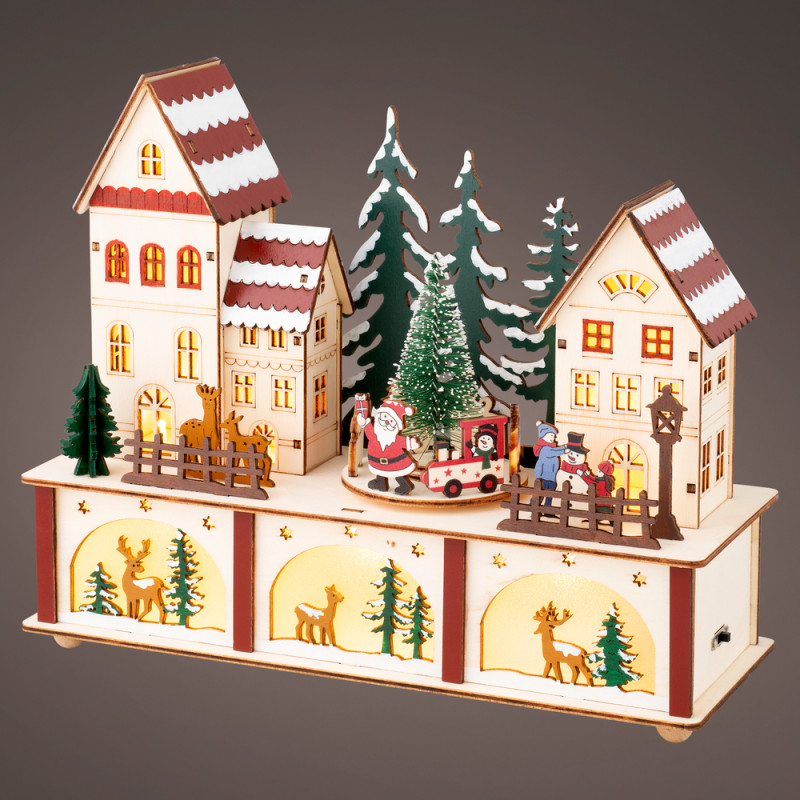 Maison bois 6 led multicolor blanc chaud h22cm